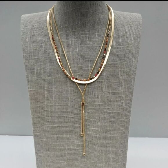 LOFT Necklace Multicolor Rhinestones Gold Tone Herringbone Layered Chains - Picture 3 of 9